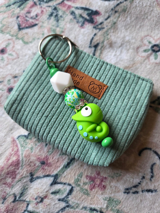 Coin purse with detachable beaded key ring - green