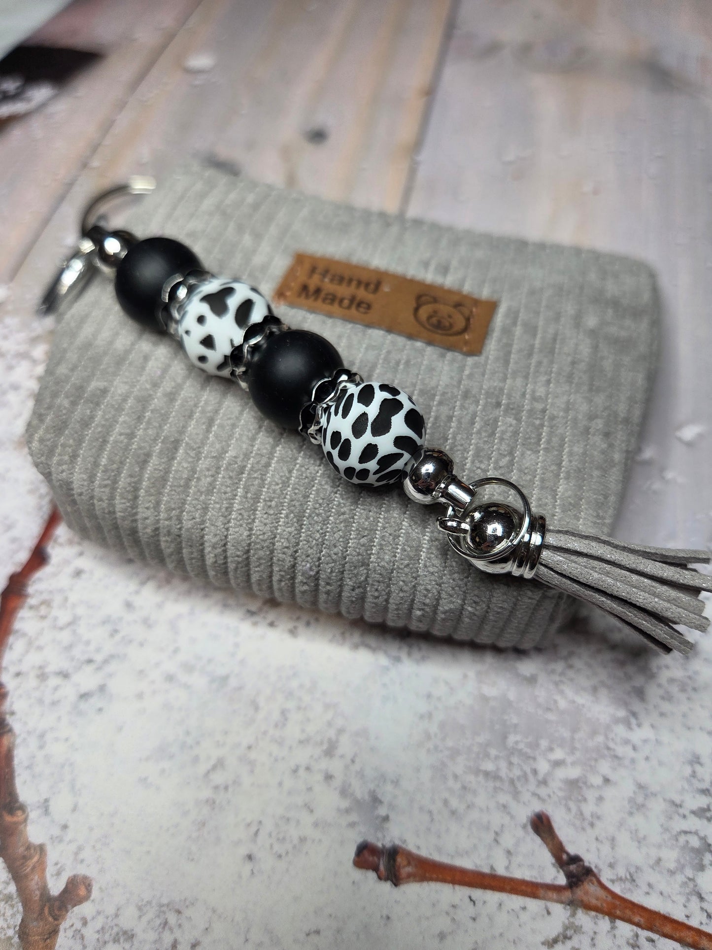 Coin purse with detachable beaded key ring - monochrome