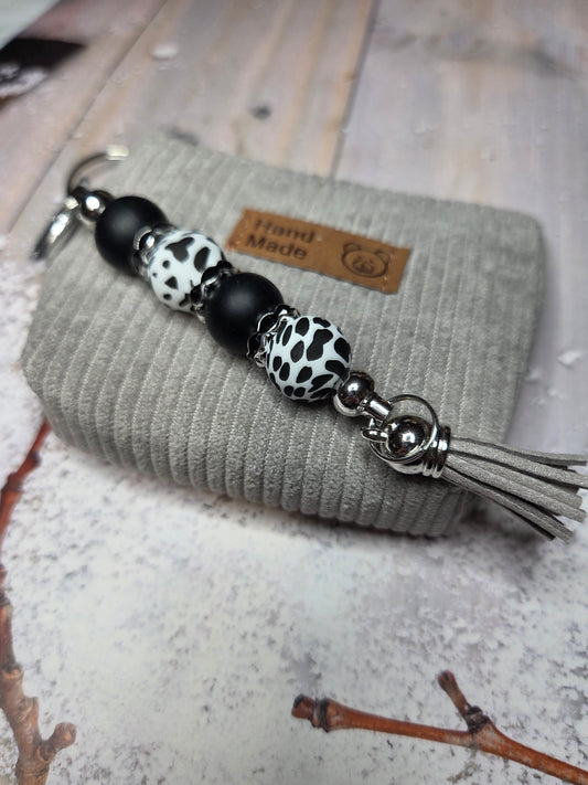 Coin purse with detachable beaded key ring - monochrome